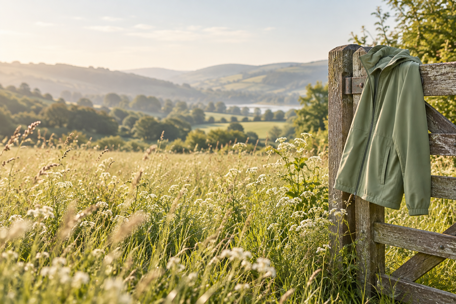 A sage jacket resting on a wooden gate beside a sunlit meadow