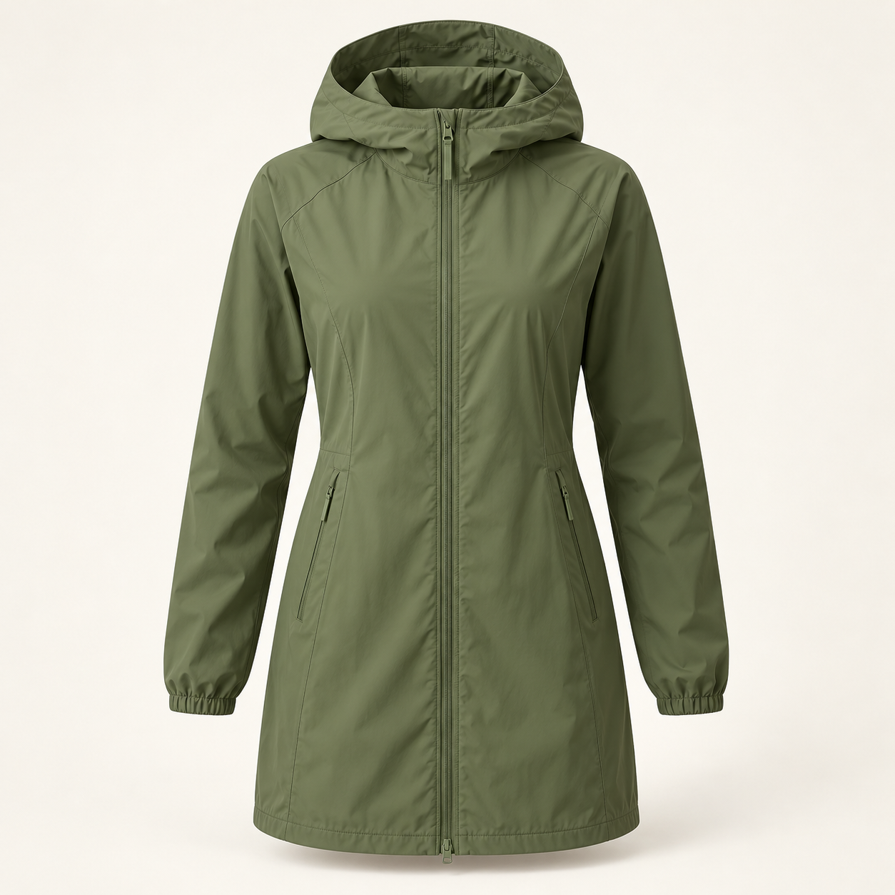 Orchard Longline Jacket in Moss, front view