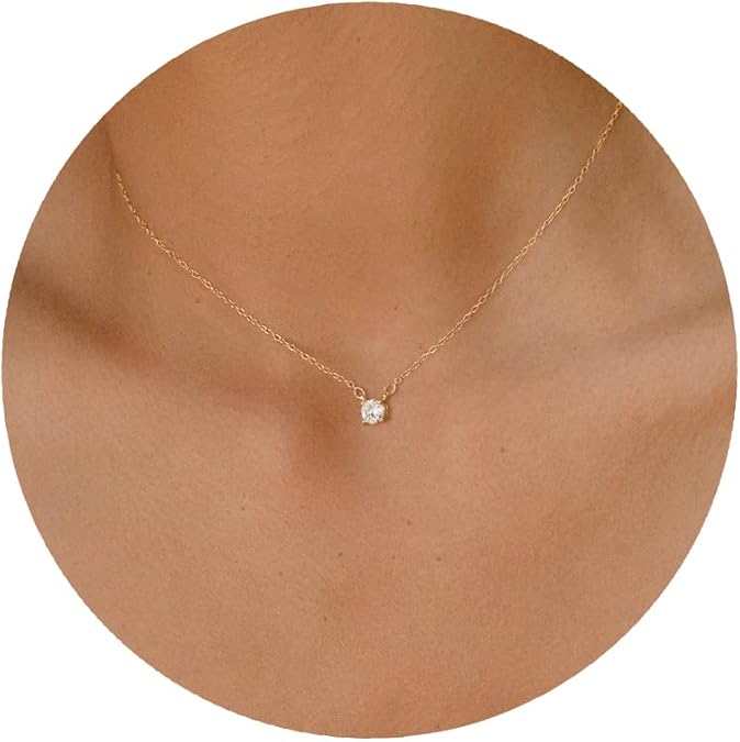 Diamond Necklaces for Women, Dainty 14k Gold/Sterling Silver Choker Necklace Simple Gold Plated CZ Jewelry Necklaces for Women Trendy Gifts - Big CZ