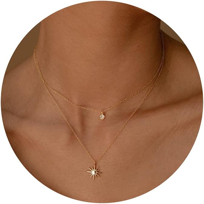 Diamond Necklaces for Women, Dainty 14k Gold/Sterling Silver Choker Necklace Simple Gold Plated CZ Jewelry Necklaces for Women Trendy Gifts - Layered chain Star CZ