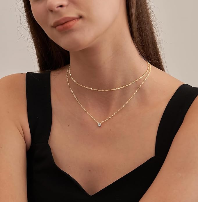 Diamond Necklaces for Women, Dainty 14k Gold/Sterling Silver Choker Necklace Simple Gold Plated CZ Jewelry Necklaces for Women Trendy Gifts - Layered chain CZ