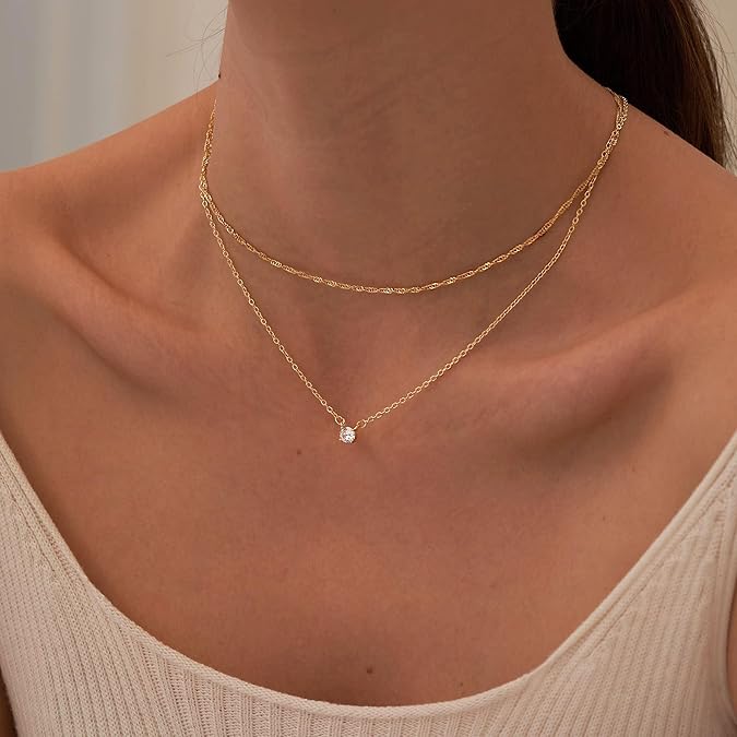 Diamond Necklaces for Women, Dainty 14k Gold/Sterling Silver Choker Necklace Simple Gold Plated CZ Jewelry Necklaces for Women Trendy Gifts - Layered chain CZ