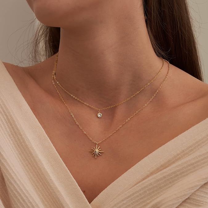 Diamond Necklaces for Women, Dainty 14k Gold/Sterling Silver Choker Necklace Simple Gold Plated CZ Jewelry Necklaces for Women Trendy Gifts - Layered chain Star CZ
